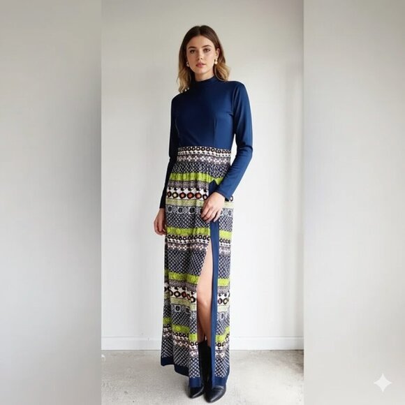Vintage Dresses & Skirts - VINTAGE Leslie Fay Mod Maxi Dress 70s Retro Best Fit M/L